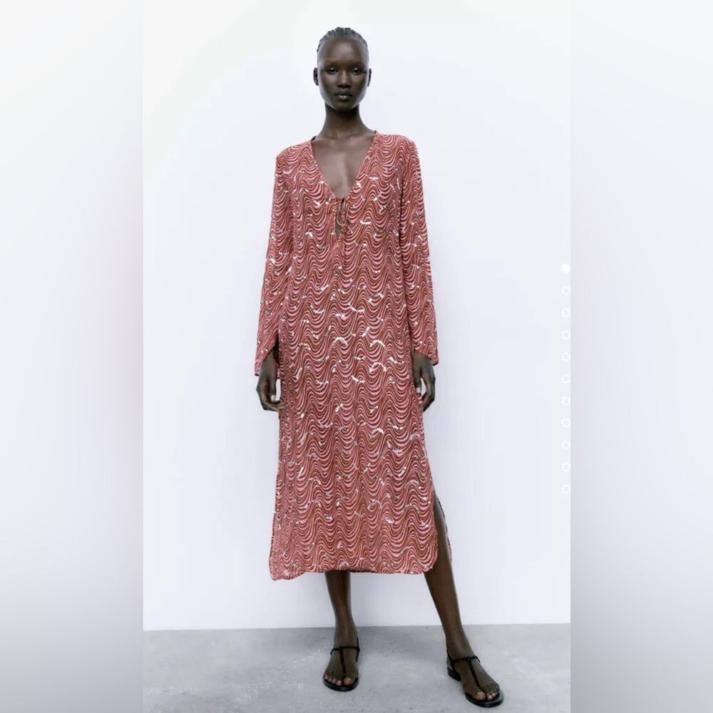 ZARA NWT WOMAN BEADED MIDI DRESS PINK - Picture 5 of 11